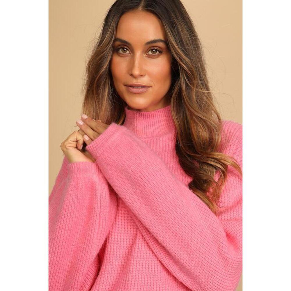 Lulus On The Bright Side Hot Pink Knit Turtleneck Sweater - Size M